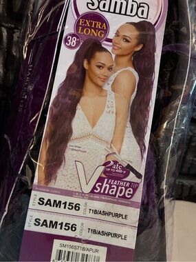 SAM156 Extra Long 38" Feather Tip V-Shape Ponytail - T1B/Ash Purple